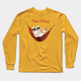 Take It Easy. Cute Cat in Sunglasses Relaxing in Red Hammock Long Sleeve T-Shirt